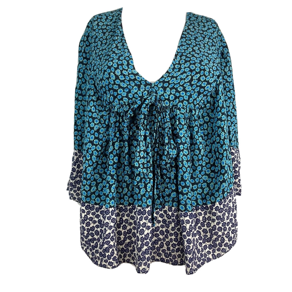 Zara Trafaluc Shirt Womens Sz S Blue White‎ Floral Cottagecore Bat Sleeve Hi Low